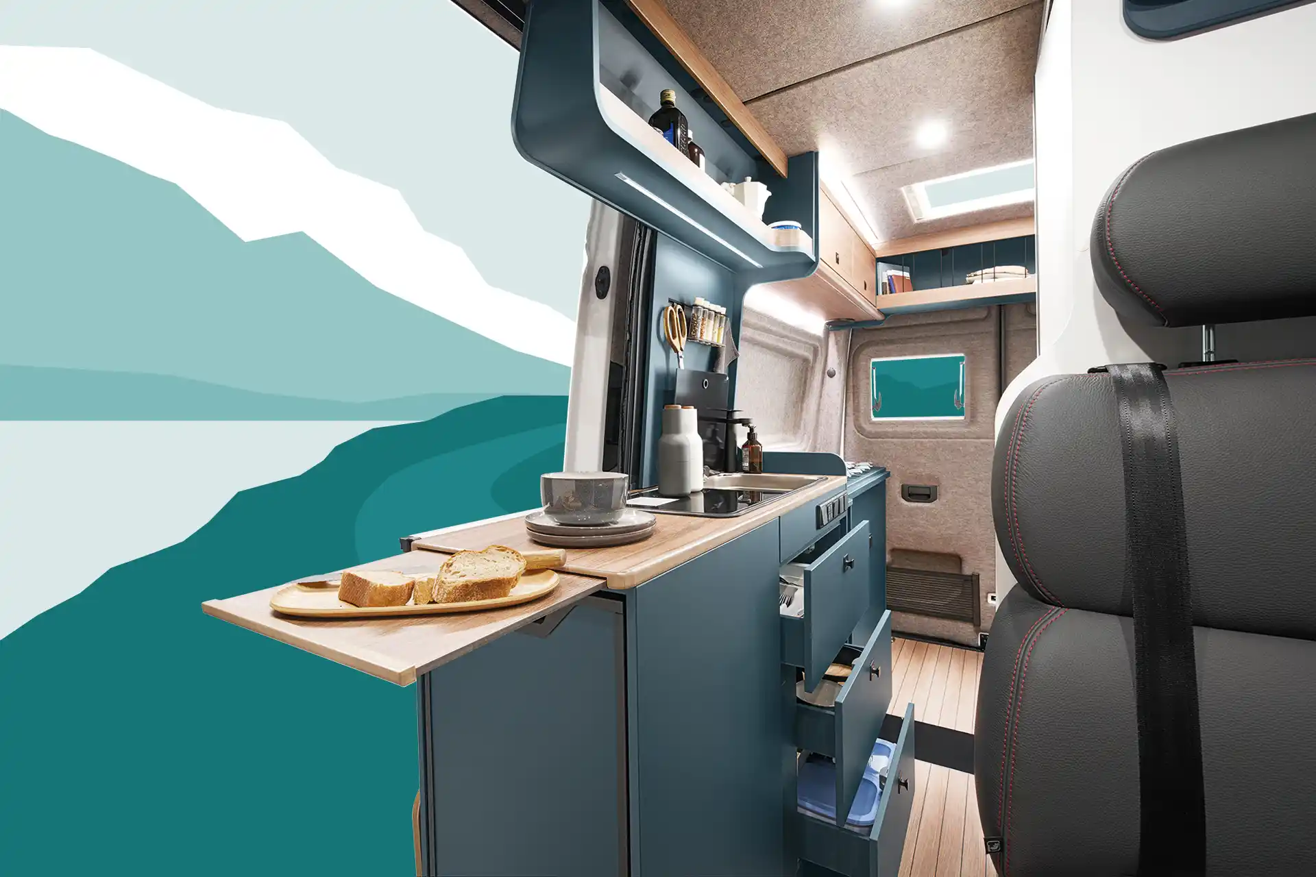 The extendable work surface expands the kitchen by providing valuable space for preparation and enjoyment.